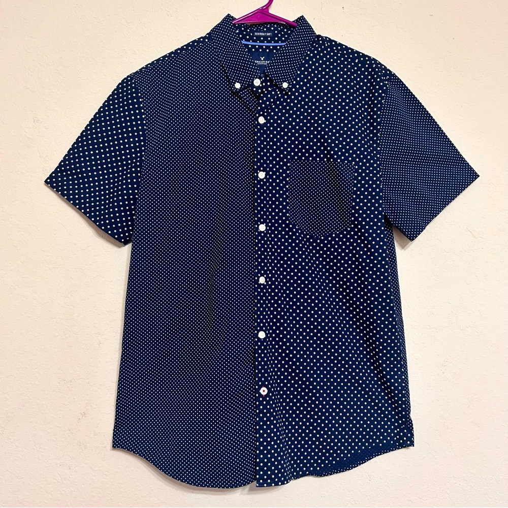 American Eagle Outfitters Navy Blue/White Dot Men Short Sleeve Button Up Shirt L